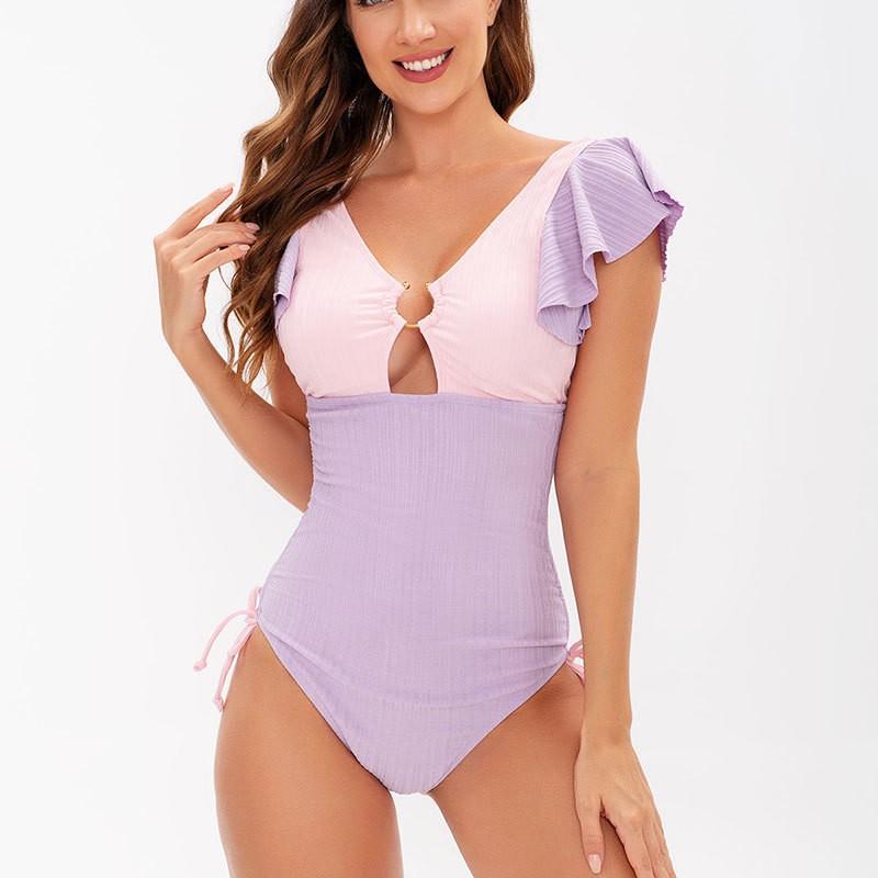 

Solid Color Conservative One-piece Swimsuit With Feminine Feel Ruffled Lace Up Sports S фиолетовый