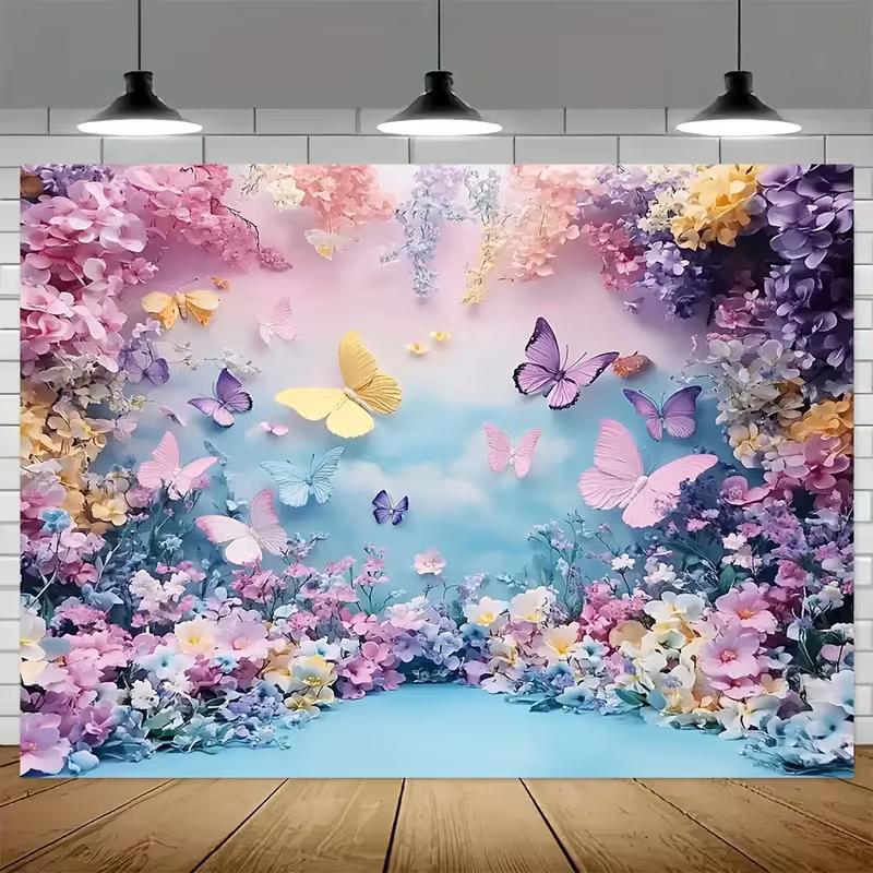 2D Pink Purple Flower Garden with Blue Sky Backdrop Photography Background Banner