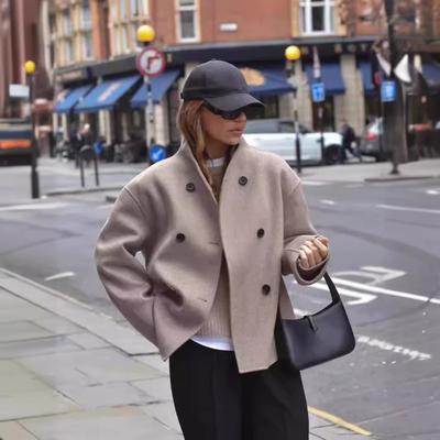 European Size Women's Solid Double Breasted Wool Blend Coat, Casual Elegant British Style Versatile Outerwear