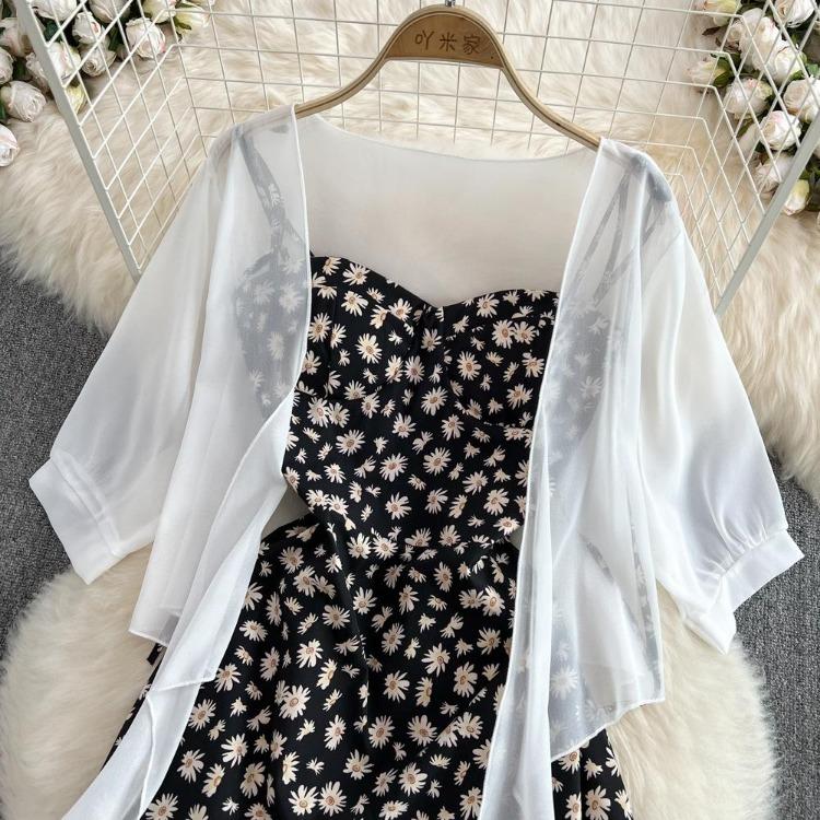Elegante Vestido Curto de Verão Feminino com Estampa Floral Linha A Duas Peças Slim Férias Senhoras