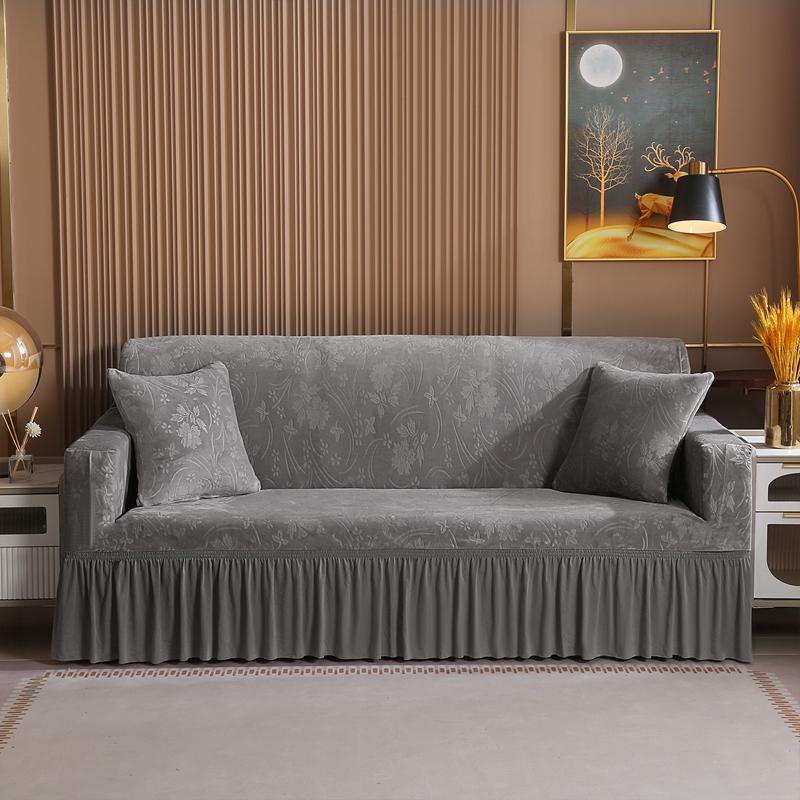 Elegant Stretchable Sofa Cover with Skirt for 1/2/3/4 Seater Soft Velvet Non-Slip Elastic Luxury Solid Color