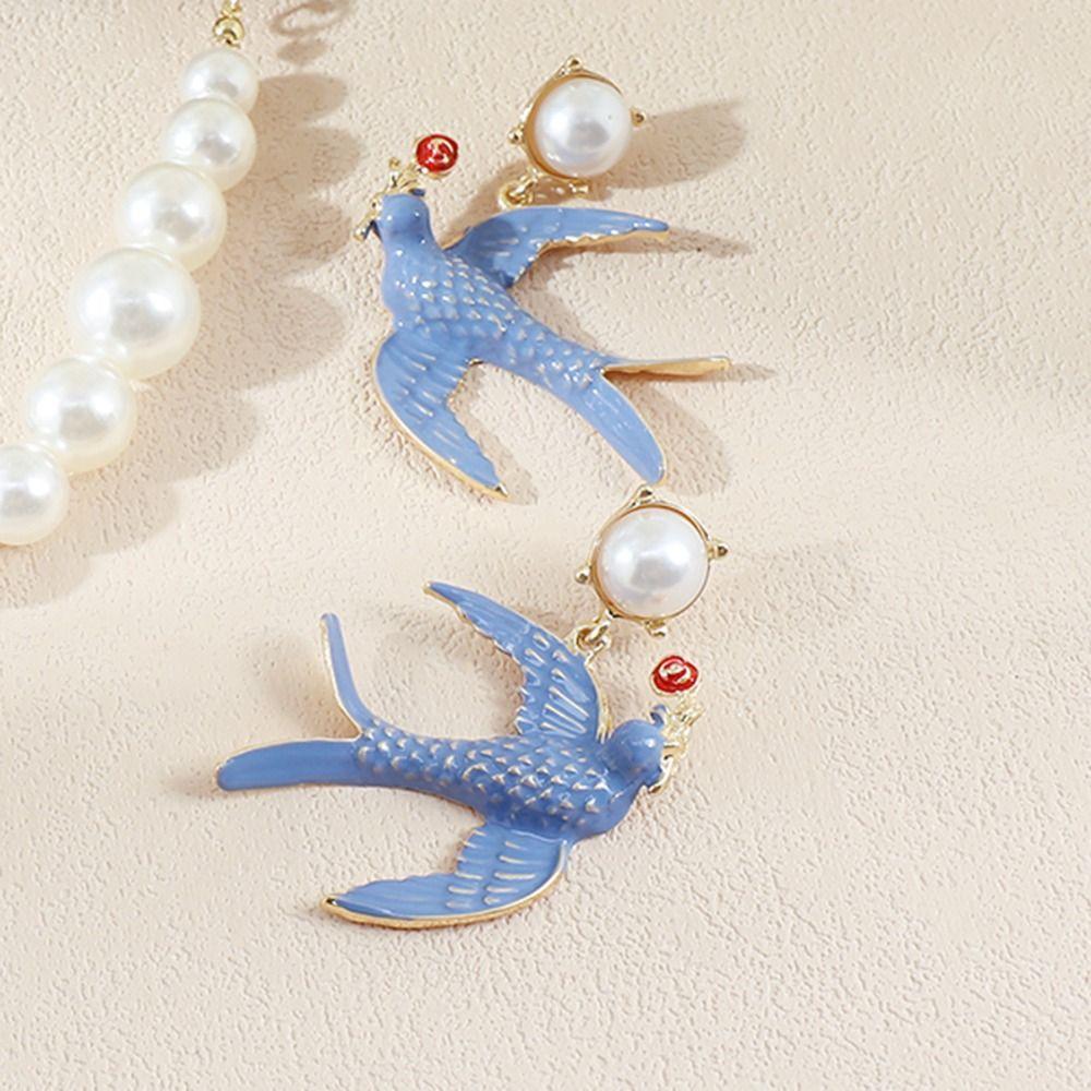 Beads Blue Enamel Swallow Necklace Bird Women's Jewelry Set Luxury Geometric Earrings Evening