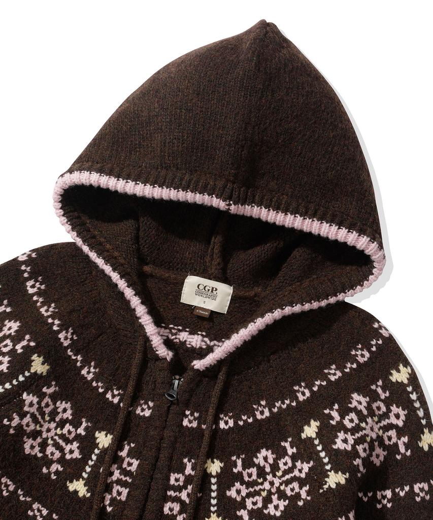 Cgp (Women) Nordic Pattern Hooded Knit Zip-Up_Brown