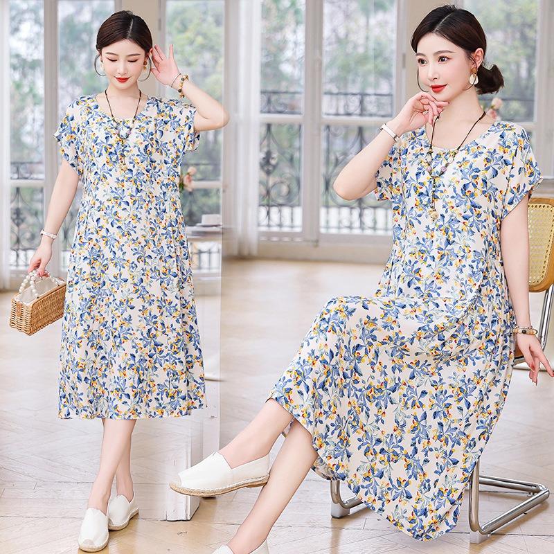 New cotton and silk dress summer large size loose fat mother covering belly and looking thin casual floral long skirt