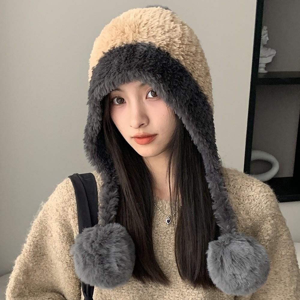 Fluffy Fur Plush Hat Windproof Pullover Hat New Pom-pom Knit Hat  Outdoor