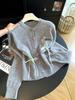 Women's Blue Floral Knit Cardigan - Round Neck, Bow Tie, Lace-Up Details, Elegant Early Autumn Style