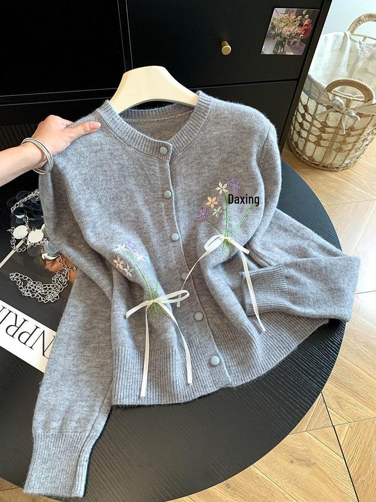 Women's Blue Floral Knit Cardigan - Round Neck, Bow Tie, Lace-Up Details, Elegant Early Autumn Style