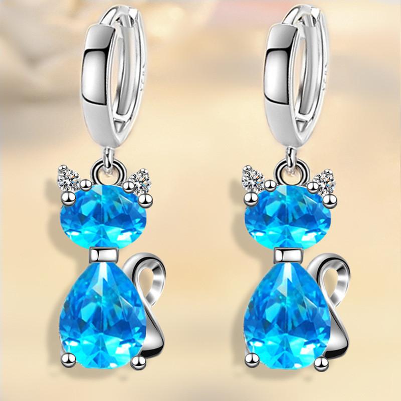 Aqua Blue Pink White Zircon Animal Earring Female Cute Small Cat Hoop Earrings For Women Trendy Silver Color Bridal Jewelry Gift