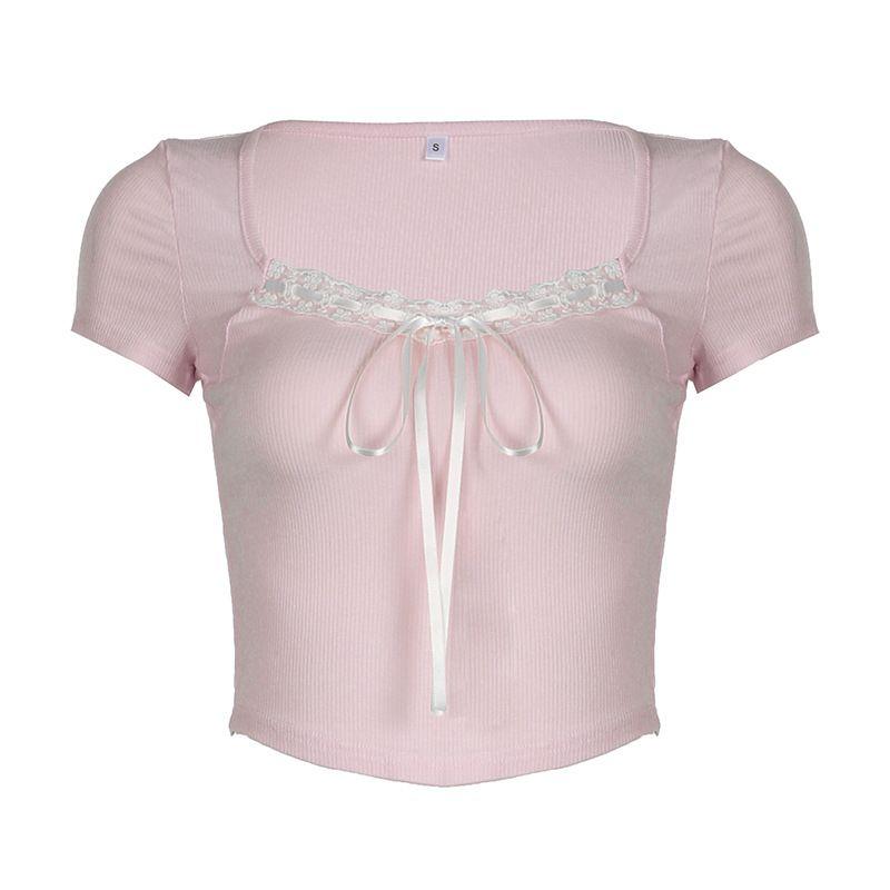 2024 Pure Desire Young Adult Lace Stitching Tied Square Collar Short Sleeve T-shirt All-Match and Sweet Slim Looking Short Top