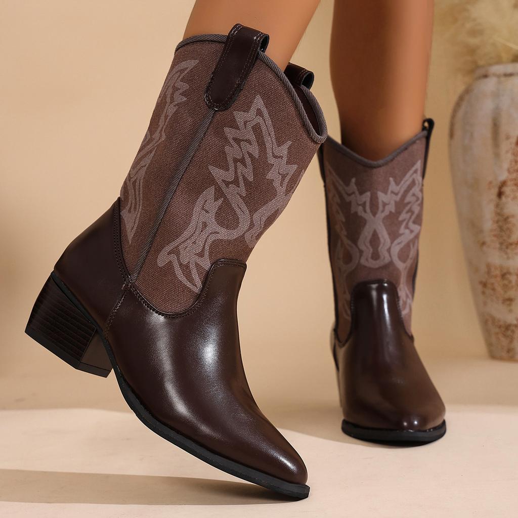 Ny Stil Mote Dame Western Cowboy Støvler Slip On Tykk Hæl Ridder Lange Støvletter Retro Stil Høst Vinter Damesko