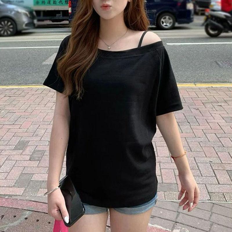 

Женская Повседневная Черная Футболка С Открытыми Плечами Свободного Кроя С Коротким Рукавом Однотонный Летний Топ S чёрный