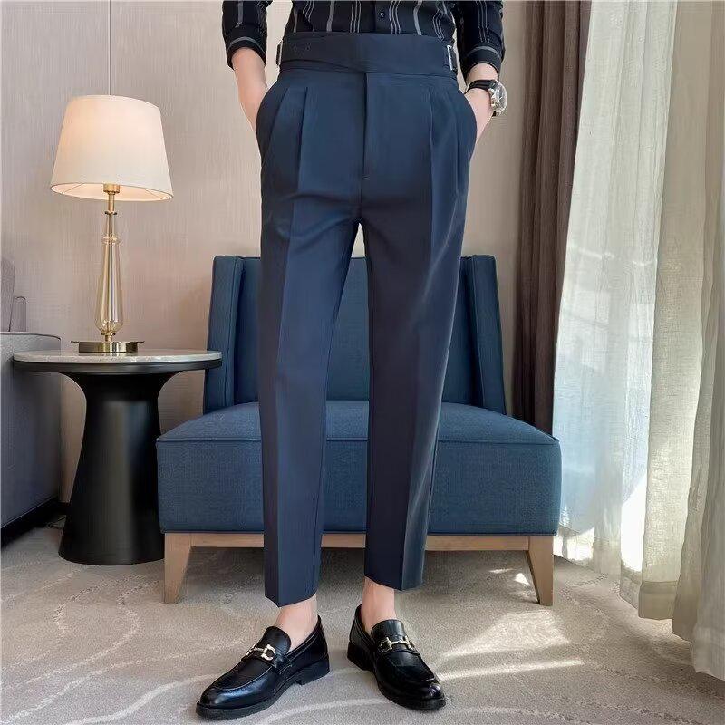 Men's Retro High-Waist Slim-Fit Trousers: Korean-Style, Solid Color, Straight-Leg, Autumn Casual Pants.