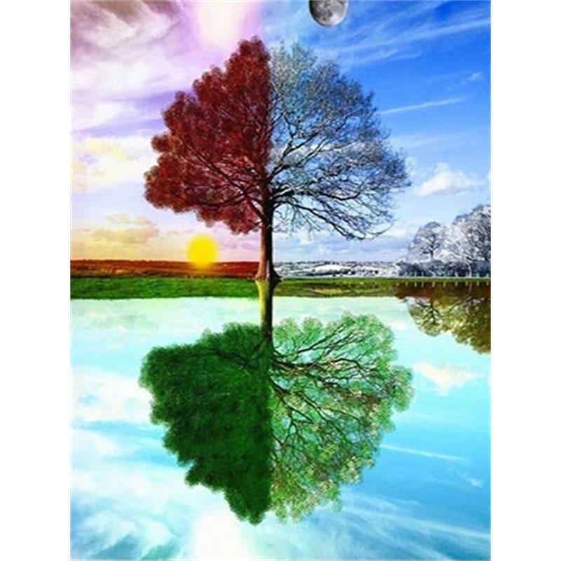 Pictură cu diamant DIY, copac în patru anotimpuri, kit cu punct de cruce, artă mozaic, pictură cu diamant, cerc complet/pătrat, decorare a casei cu diamant