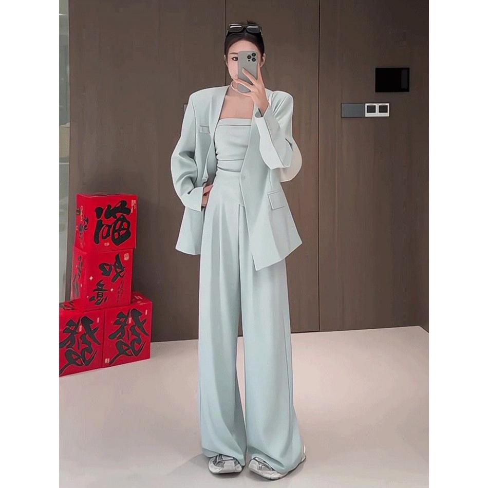 Autumn 2026 New High-end Korean Two-piece Set Niche Suit Jacket Vest Top Wide-leg Pants Set Women