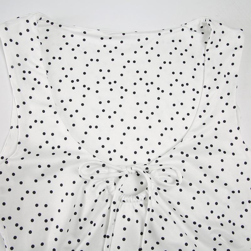 European & American Style Polka Dot Pleated Tie-Up Tank Top with Round Neck, Versatile and Slim Fit