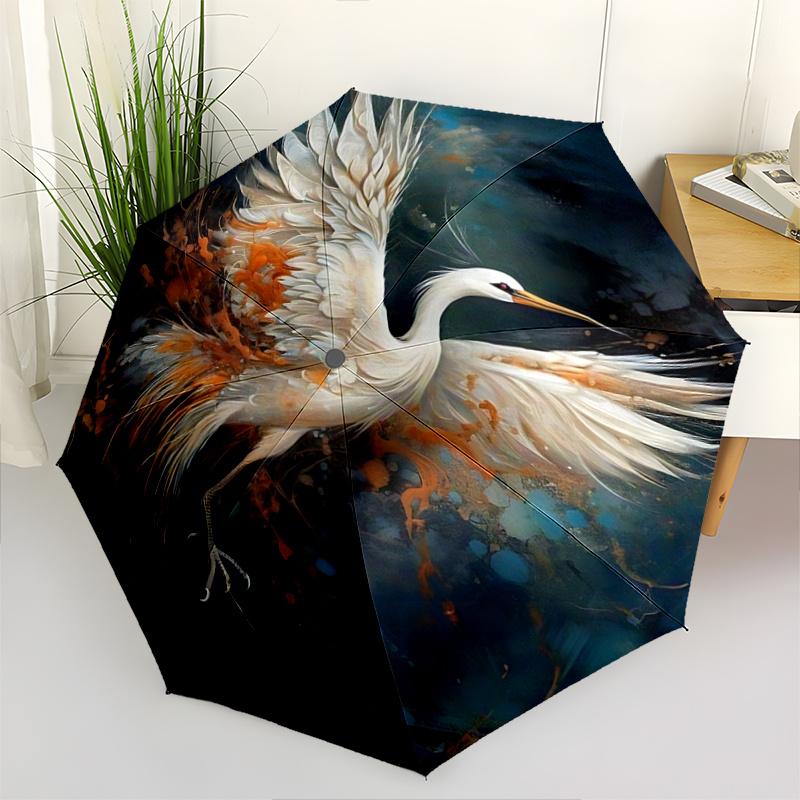 

1pc Elegant White Crane Fantasy Art Print Automatic Opening Folding Umbrella with 8-Bone Iron Frame, Perfect for Outdoor Use, Festive Gifts, Trav