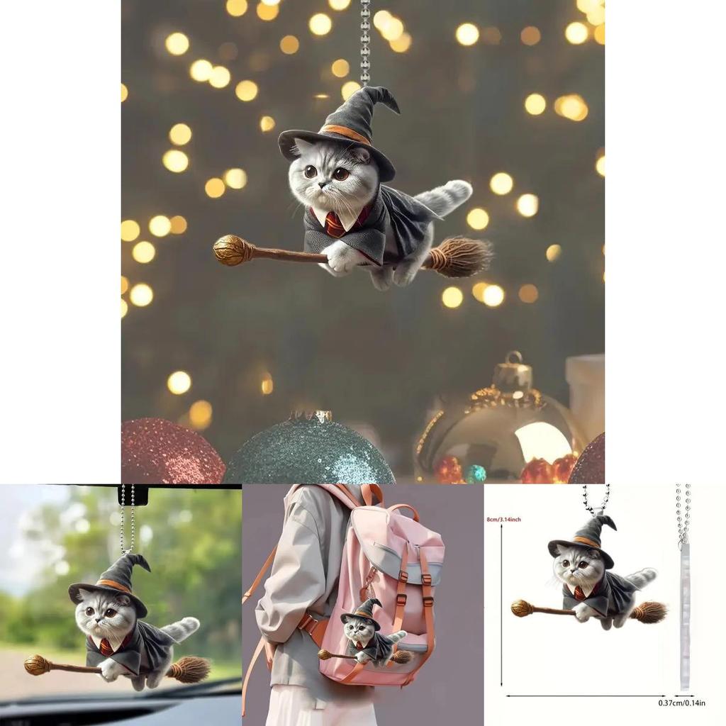 Acrylic Flat Surface Car Pendant With Magical Cat Riding Broom Design For Vehicle Interior Decor