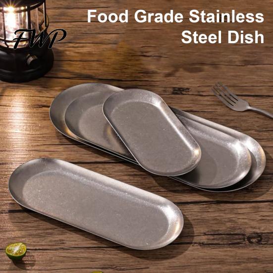 Portable Camping Plate Stainless Steel Serving Tray Retro Japanese Style Oval Dessert for Anti-grease Rustic Towel Holder Dish Home Kitchen Heavy Duty