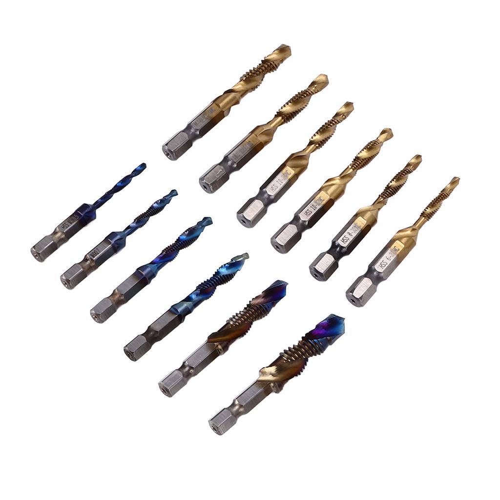 12Pcs Combined Tap Drill Bit Set HSS Metric Blue Plating Imperial Ti Plated 14in Hex Shank