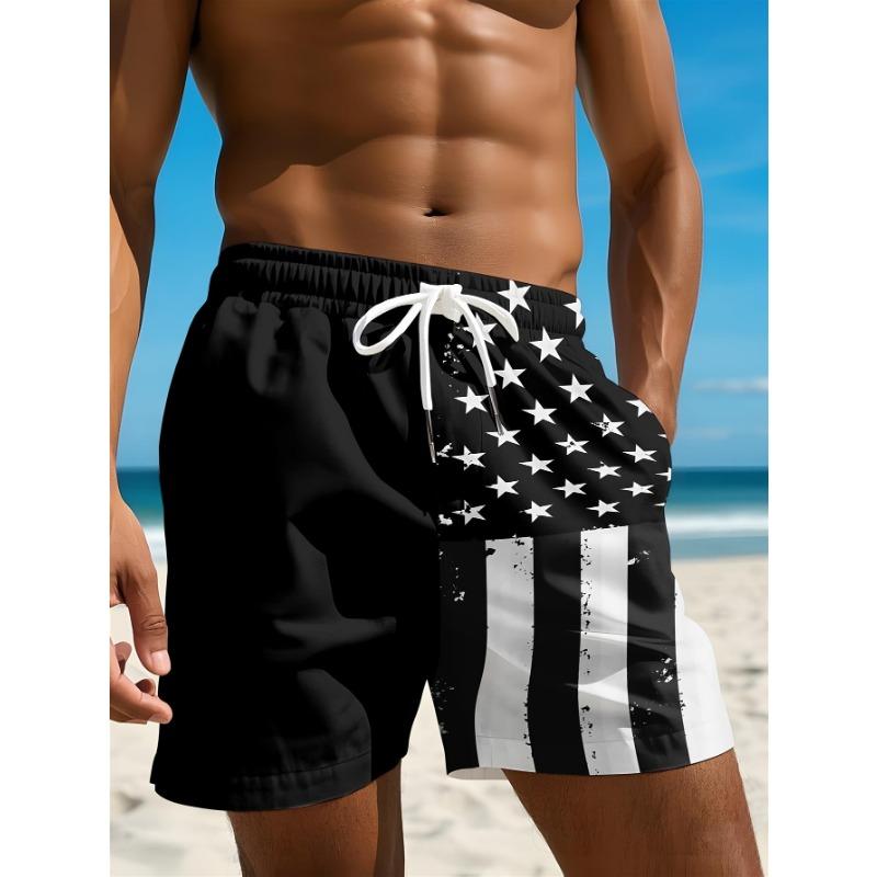 Men's Summer Beach Shorts Black American Flag Print Quick Dry Swimming Shorts for Beach Pool Party Vacation