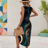 Women Plus Size U Neck Sleeveless Rainbow Printed Dress High Side Slit Curved Hem