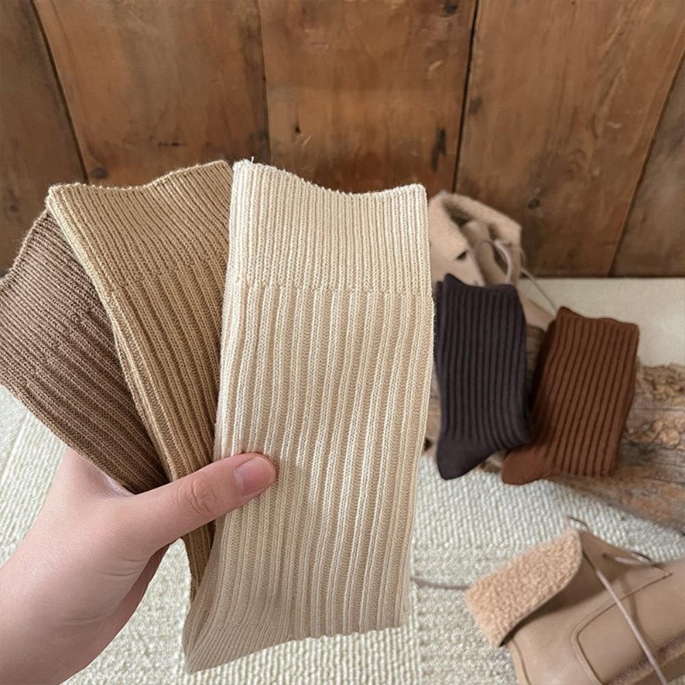 Thick Line Socks, Women's Medium Tube Socks, Autumn and Winter Coffee Color Stacked Long Tube Solid Color Long Wool Socks