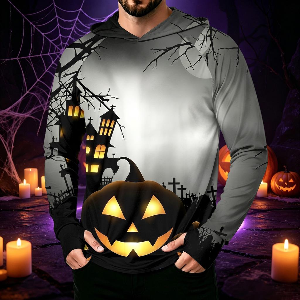 Men's Long Sleeve Hooded Sun Shirt with Halloween Print