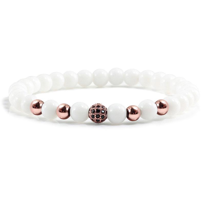 Black Frosted Copper Bead Bracelet with Micro-Inlaid Black Diamond and White Porcelain, Elastic Rope Jewelry for Men and Women.