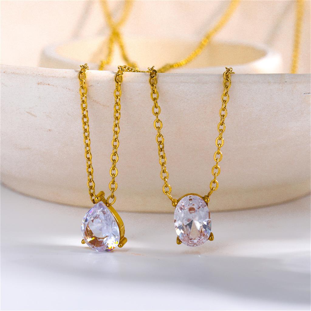 Stainless steel zircon oval circular water droplet pendant necklace with gold plating and color preservation