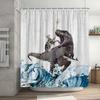 Funny Shower Curtain Brave Cat Cartoon Shower Curtain Waves Ocean Decor Fabric Shower Curtain Set with Hooks Bathroom Decoration