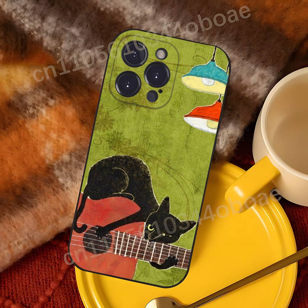 

Ретро Масляная Живопись Черная Кошка Чехол для Телефона Для iPhone 17,16,15,14,13,12,11,Pro,Max,Plus Мягкий Черный Чехол iPhone12mini