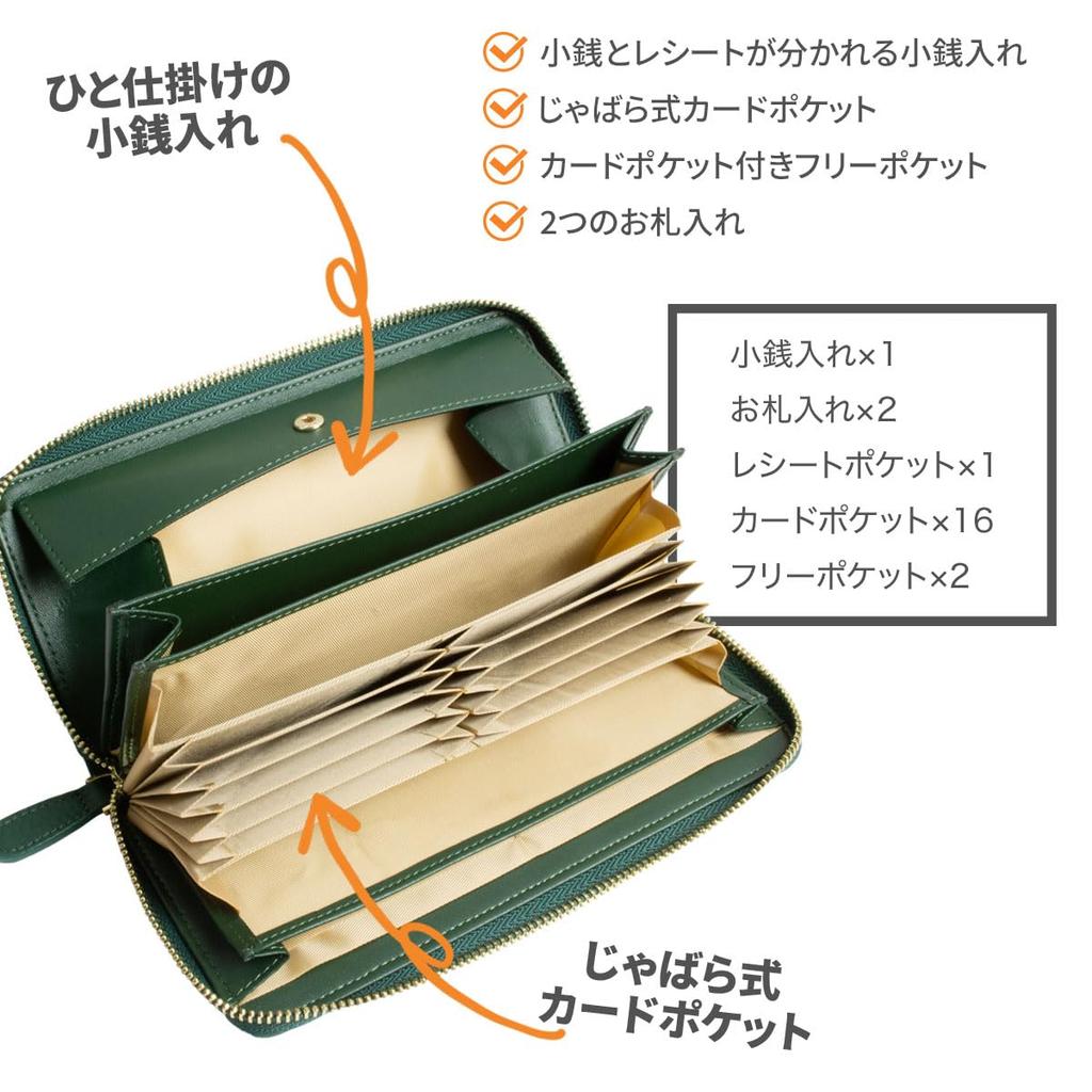 RafiCaro Garcon Cowhide Leather Long Receipt and Coin Large Green Women's Wallet, Wallet, Green, Compartment, Box-Shaped, Coin-Through, Capacity,