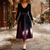 Women's Fashion V-Neck Relaxed-Fit Christmas Print Long-Sleeved Dress