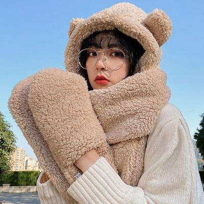 Cute Bear Ear Hat Scarf Gloves Set Autumn Winter Women Caps Warm Casual Plush Hats Solid Fleece Warm Hats