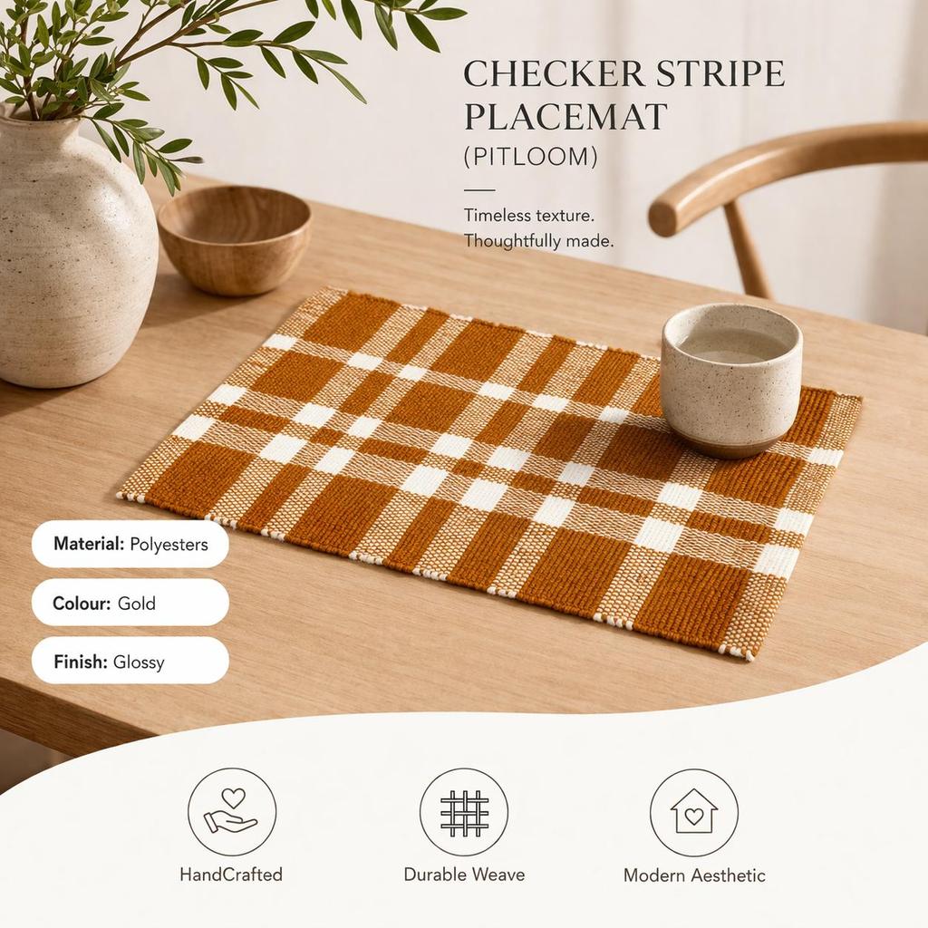 Gold Checker Stripe Placemat -Durable Polyester Table Mat for Elegant Dining