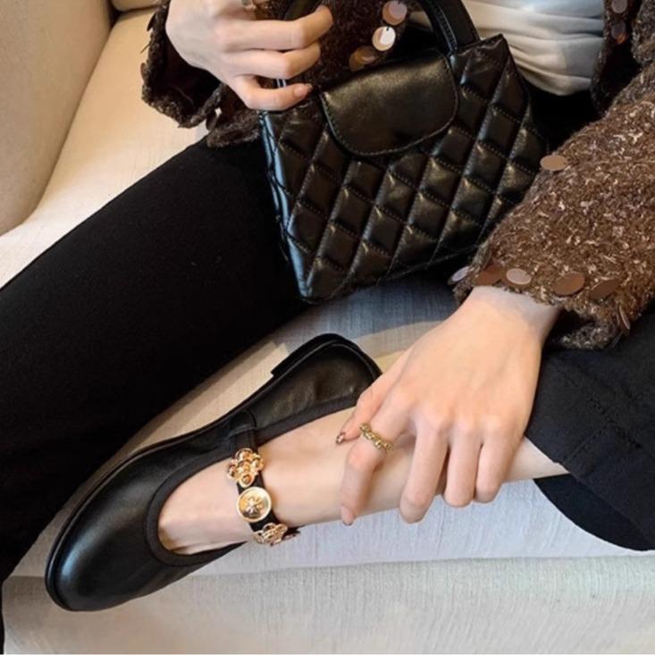 Sheepskin version~ Xiaoxiangfeng round head gold coin flat bottom Mary Jane shoes new fairy temperament shallow mouth ballet single shoes woman