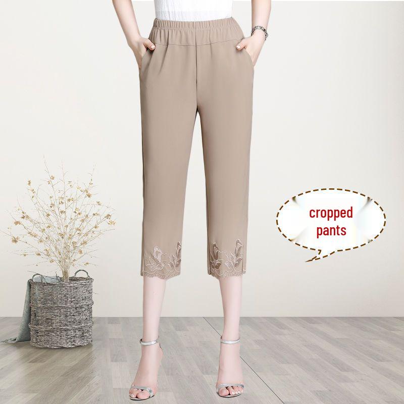 Mom's Chiffon High-Waisted Embroidered Loose-Fit Capri & Ankle Pants for Middle-Aged Women