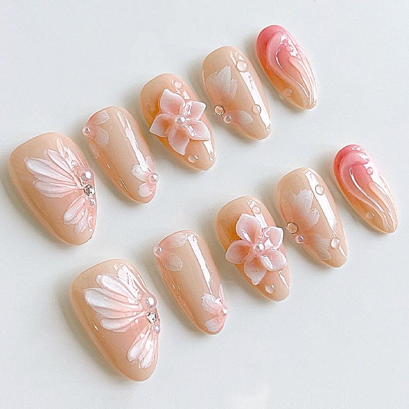 24Pcs Yellow French Full Cover Nails Tips Mid-length Almond Detachable False Nails 3D Flower Pearl Starburst Press on Fake Nails