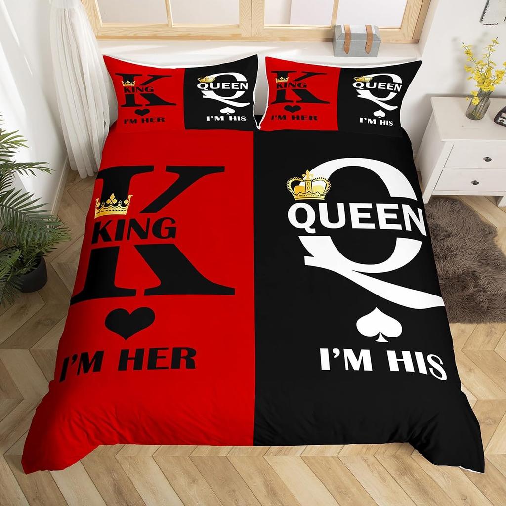 Comforter Valentine'S Day Couple King And Queen Crown Bedding Set For Husband Wife Red Black White His Hers Comforter