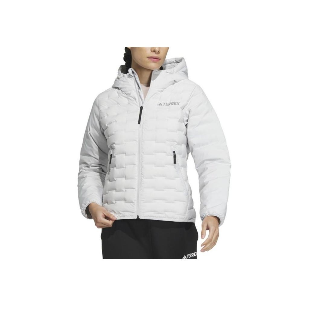 Adidas FW24 Goose Down Woven Baffle Comfortable Hooded Zipper Duck Down Jacket Women Jackets Light-Gray IT8693