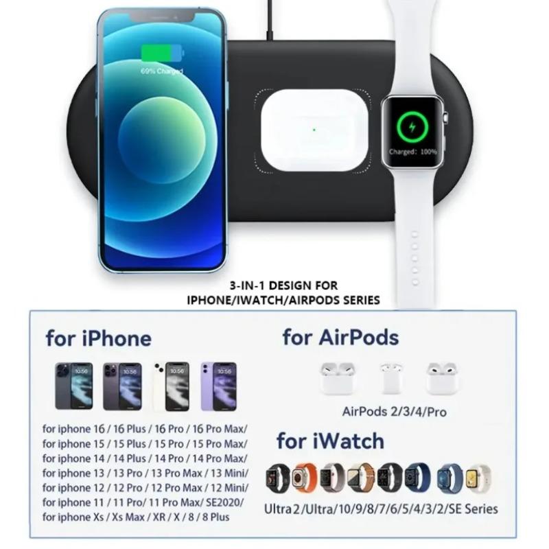Ultra Slim 3-in-1 Wireless Charging Pad Fast Charger Mat For iPhone 17 16 Pro MAX Apple Watch 2-8 SE AirPods Pro Charging Dock