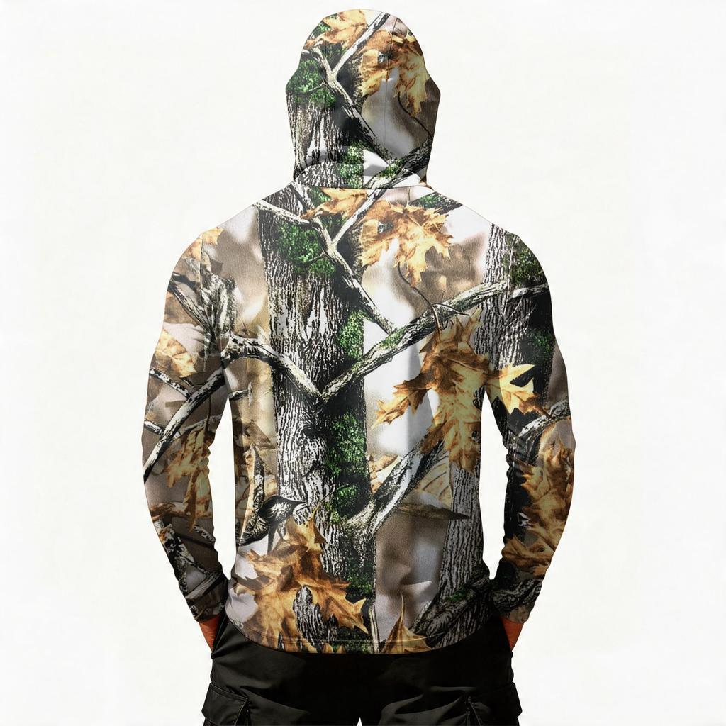 Men's Casual Long Sleeve Hoodie Lightweight Sun Protection Jacket Leaf Camouflage Print Outdoor Sportswear with Hood and Zipper Pocket