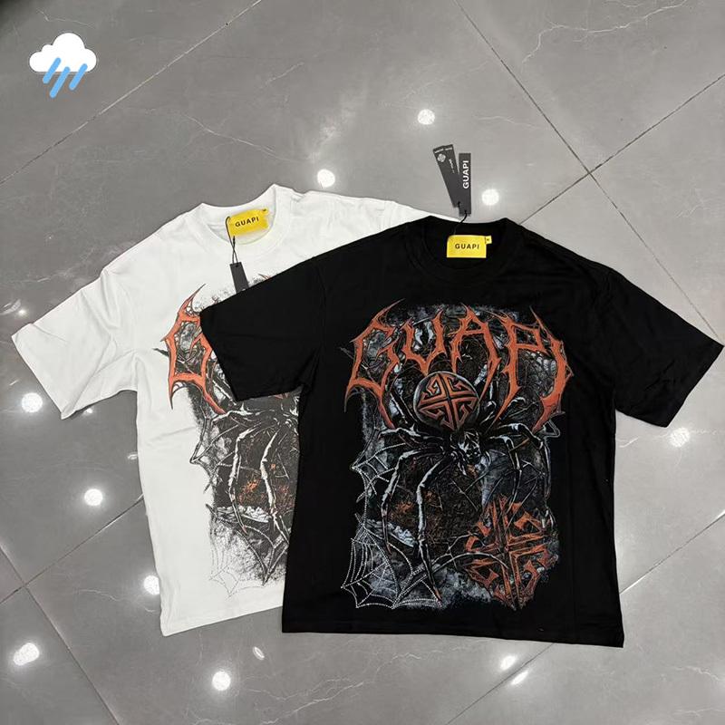 26ss Black White Oversized Tee Hip Hop Spider Graphics Print Rhinestone Guapi T Shirt Tops Unisex Unisex 100 Cotton Tshirt Tags