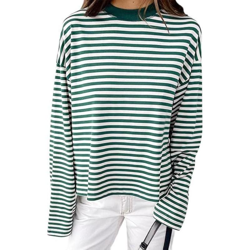 Women Retro T-shirt Long Sleeve Crew Neck Loose Ladies Fall Casual Striped Top Streetwear