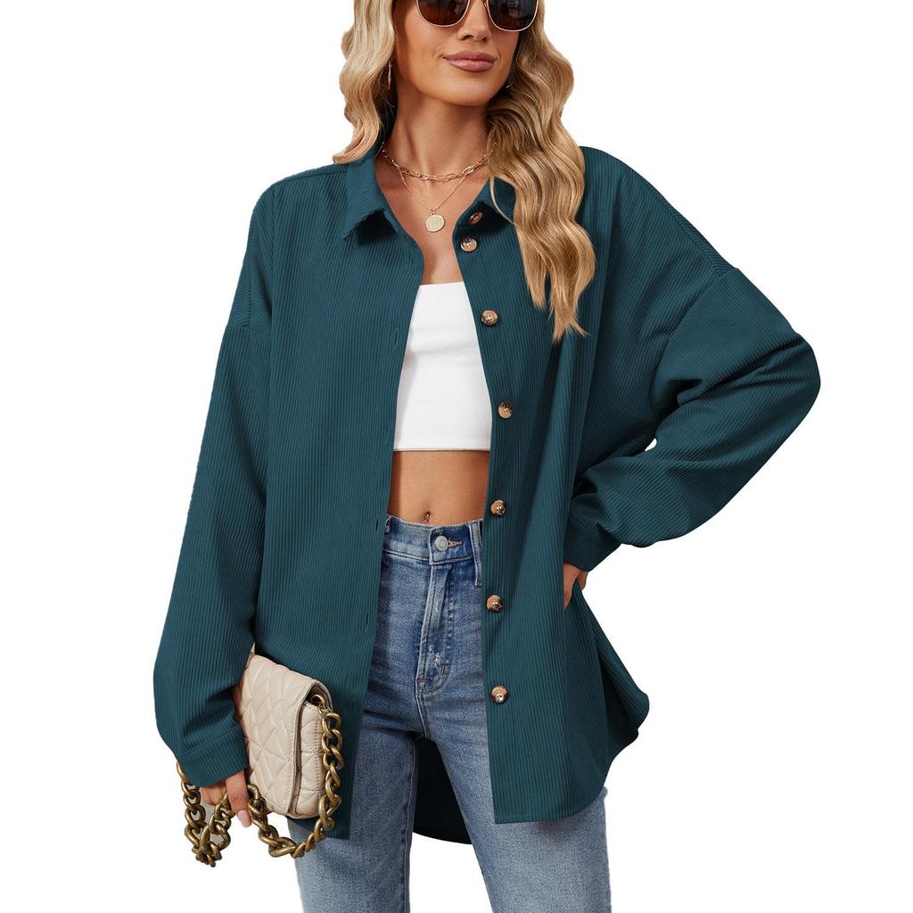 Spring and Autumn Women's Solid Colour Lapel Button Long Sleeve Loose Shirt Jacket