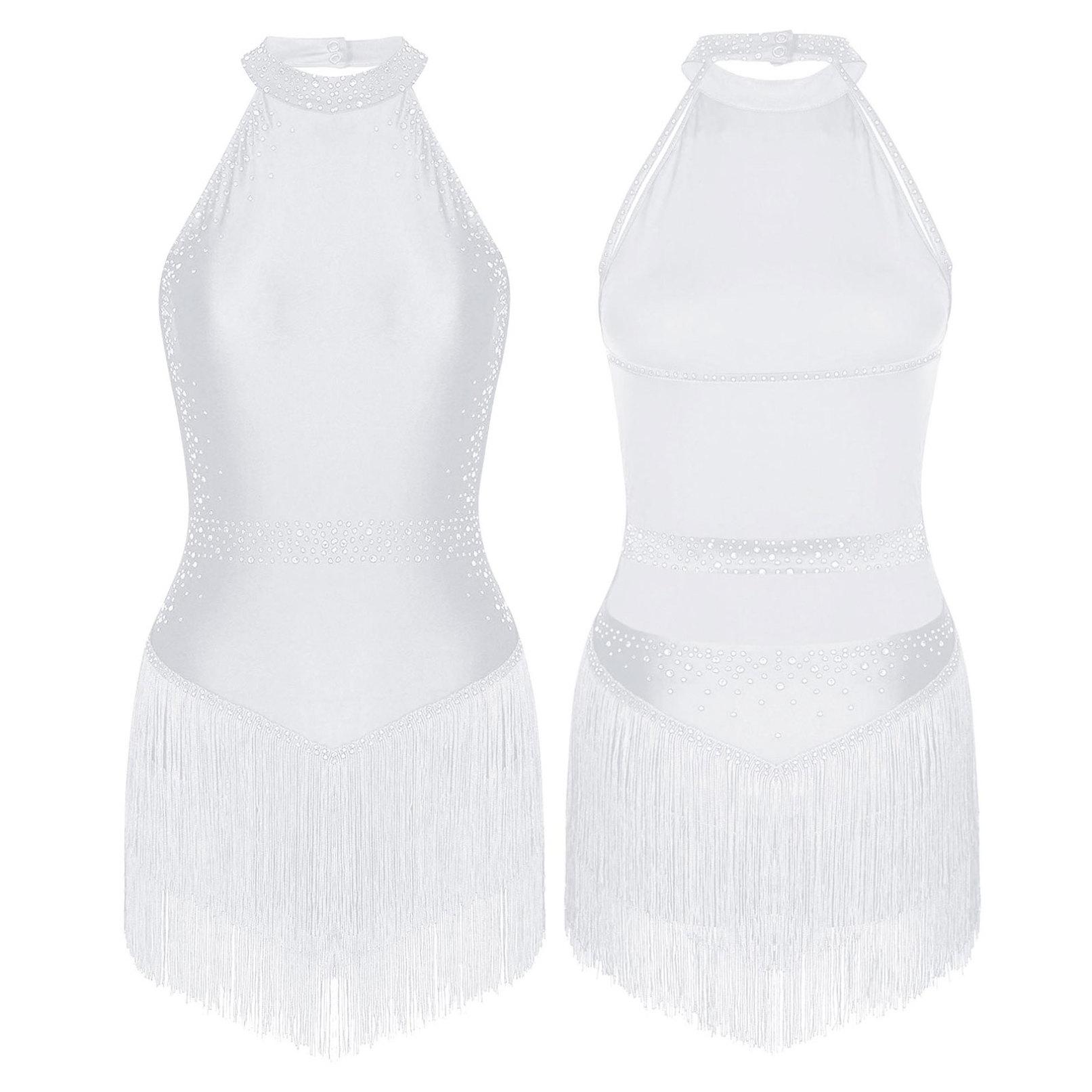 

Жіноча сукня-трико з бахромою, блискучі стрази, китиці, латиноамериканські танцювальні костюми, сценічний костюм для балетних танців S білий