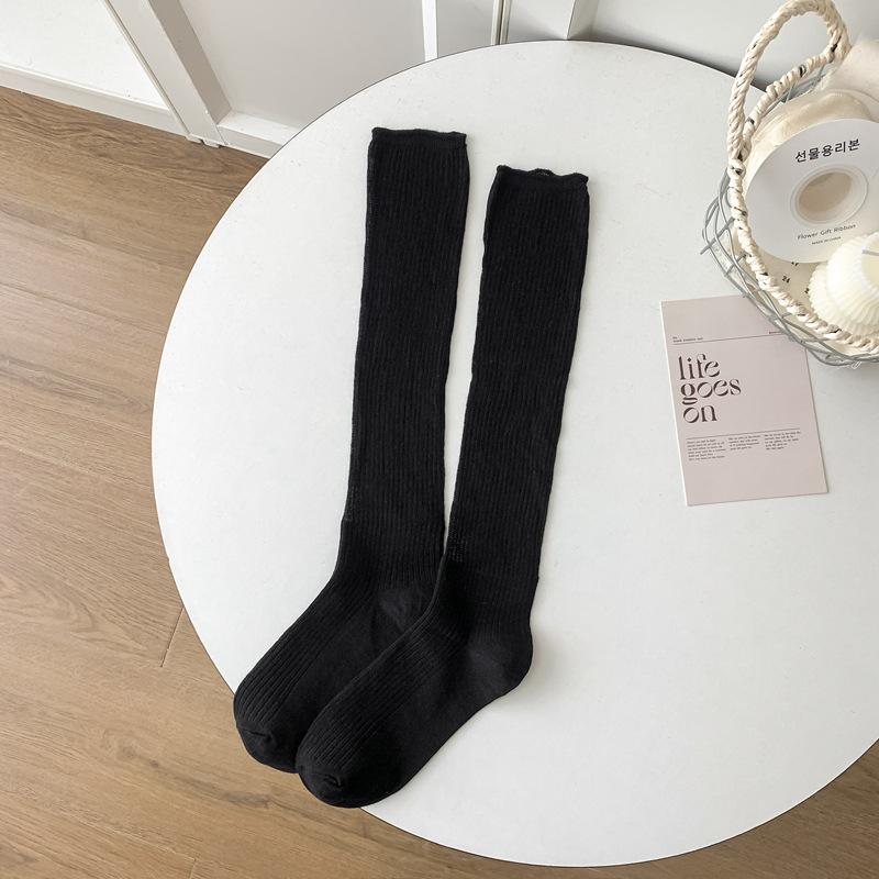 

5pair Spring And Summer Solid Color Socks Women S Double Needle Splicing Vertical Strip Long Tube Calf Socks Thin Stacking Socks Women One size fits all чорний