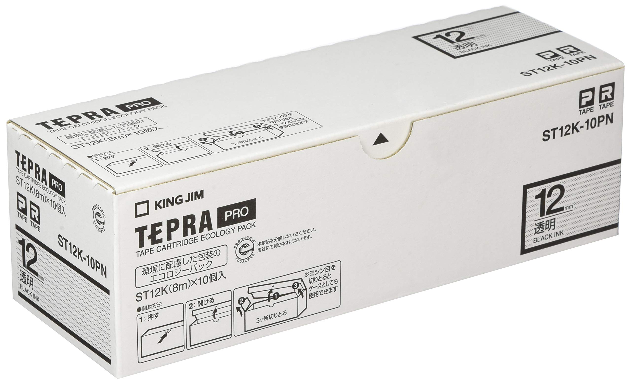 

King Jim Genuine Tepra PRO Tape Cartridge Eco Pack 12mm Transparent 8m Length (10 pieces) Label/Black Text, ST12K-10PN