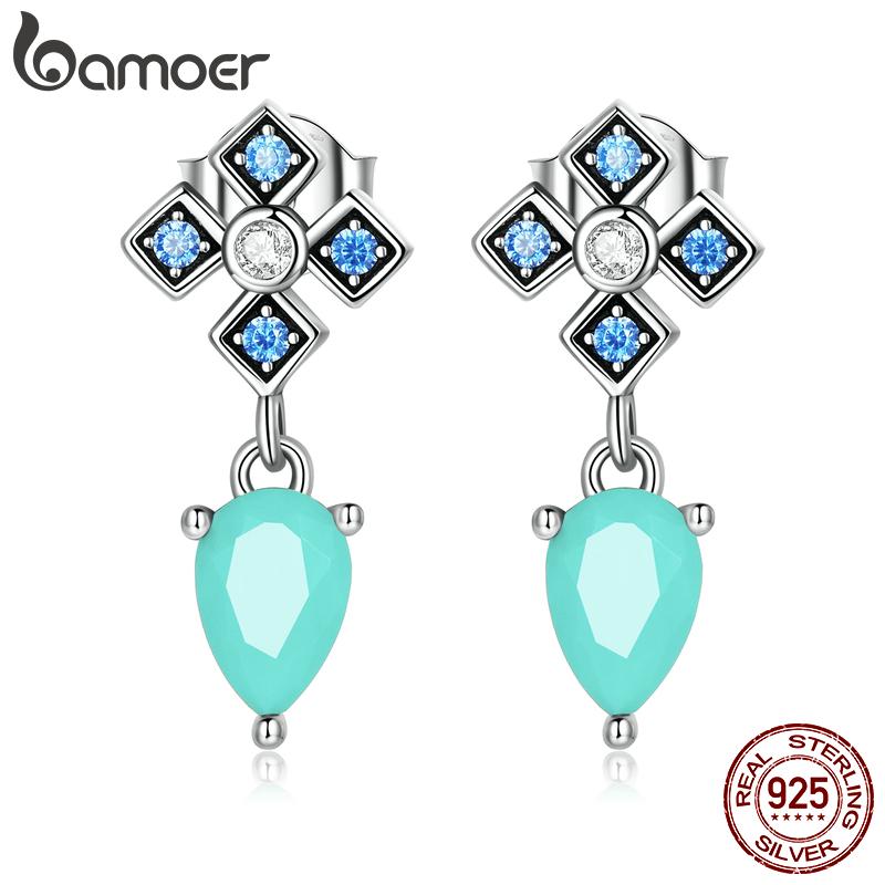 

BAMOER 925 стерлингового серебра крест дизайн водяной капли бирюзовые серьги для женщин роскошные серьги-капли ювелирные изделия вечеринка подарок
