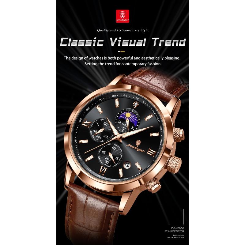POEDAGAR Luxury Sports Watch for Men Waterproof Luminous Date Chronograph Wristwatch Leather Quartz Watches Reloj